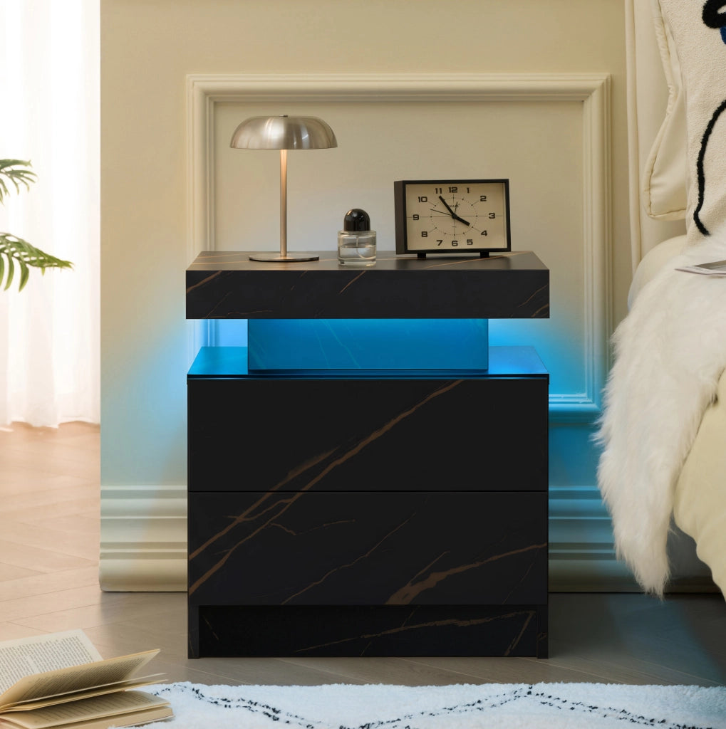 Comodino con luci LED regolabili e 2 cassetti, design moderno nero e oro per camera da letto