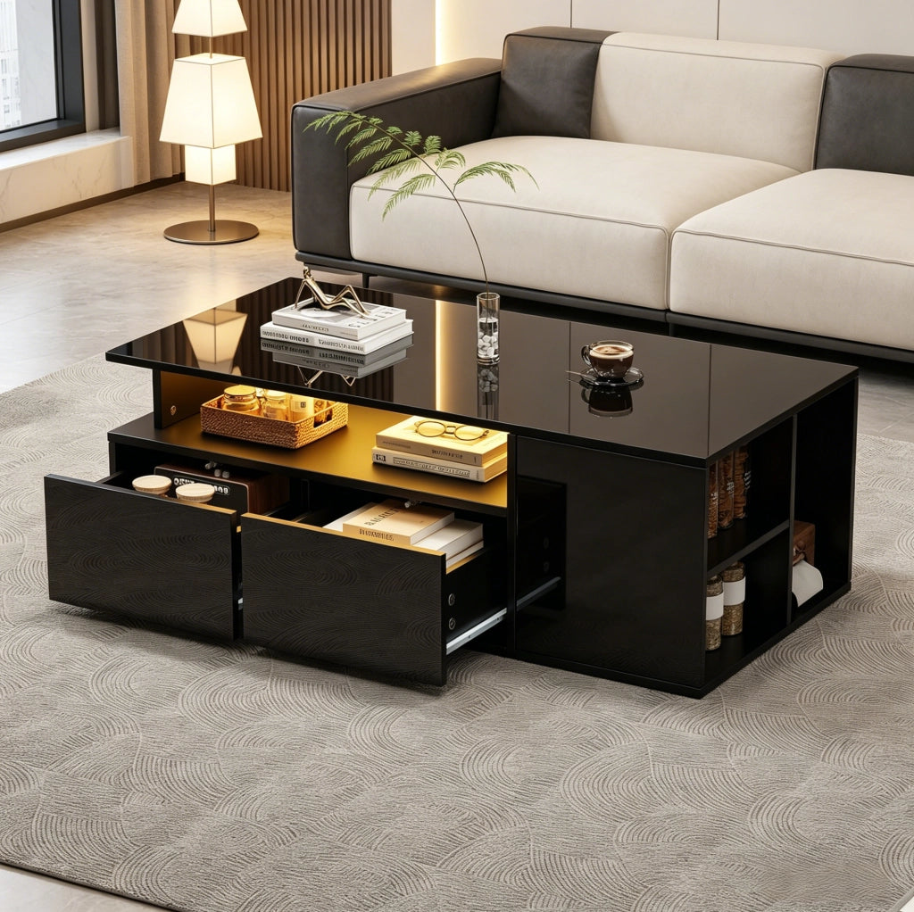 Tavolino da caffè LED 100x50x35 cm nero in truciolato, 2 cassetti, contenitore