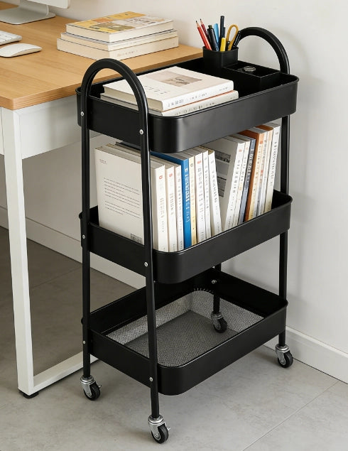 Carrello portaoggetti nero in acciaio al carbonio a 3 ripiani