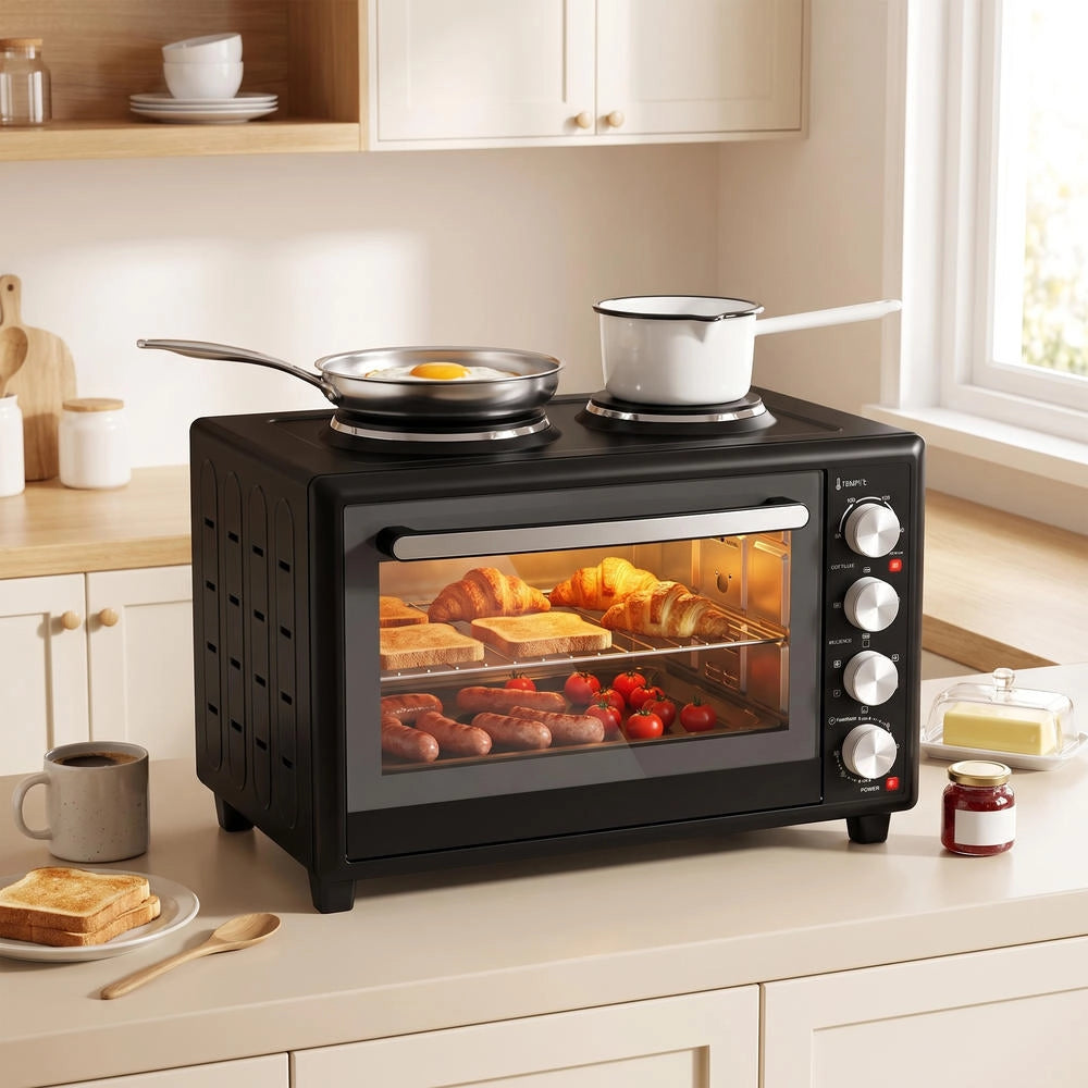 Mini Forno Elettrico Ventilato 46L 1800W con 2 Piastre di Cottura e Girarrosto Fornetto Multifunzione con Timer Salvaspazio Nero