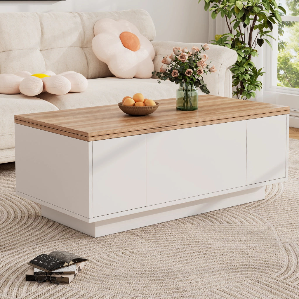 Tavolino da caffè sollevabile 100 x 50 cm bianco e legno, doppio piano