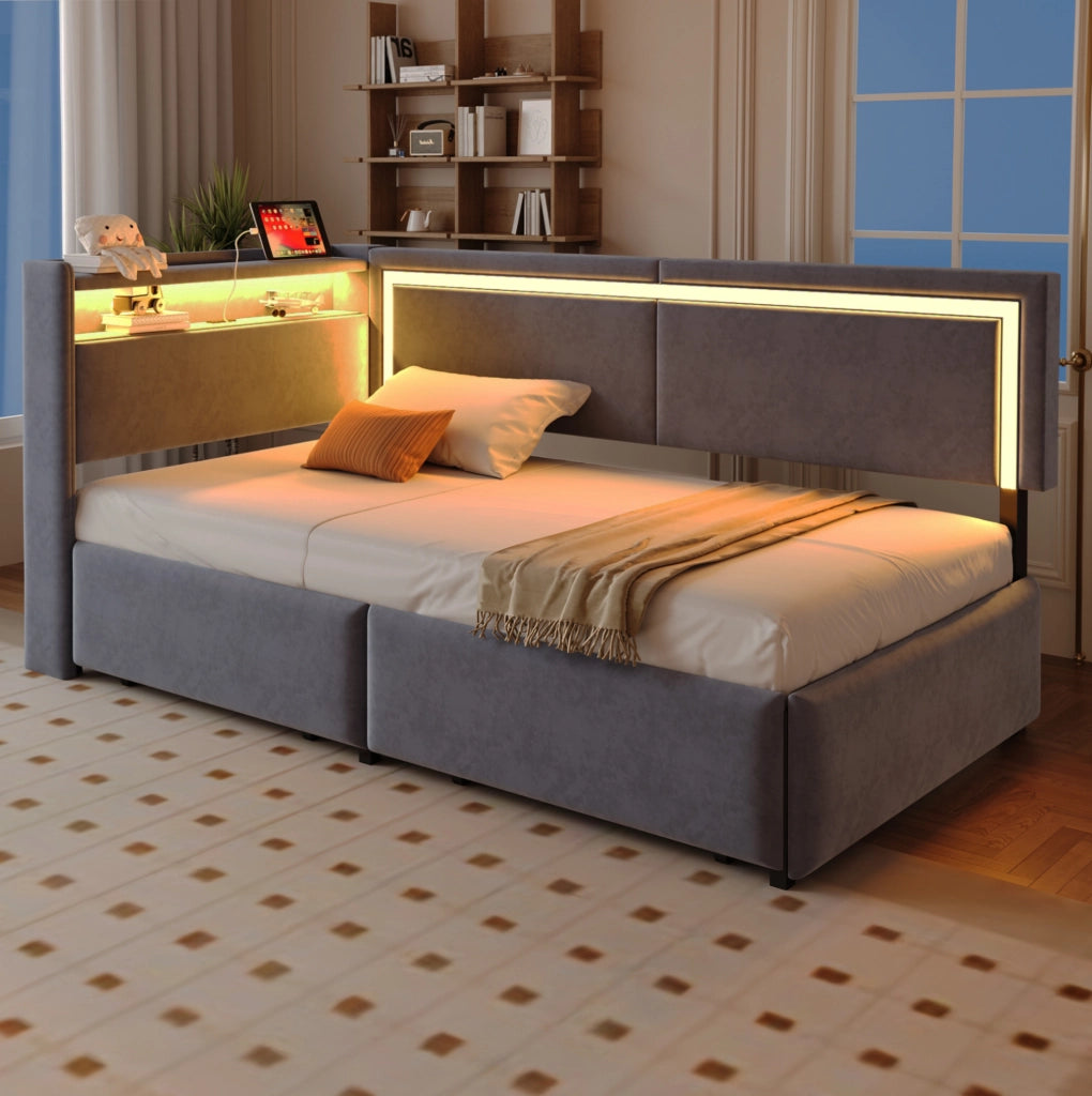 Divano letto singolo 90x200 cm con LED; USB; contenitore e cassetti in velluto grigio scuro