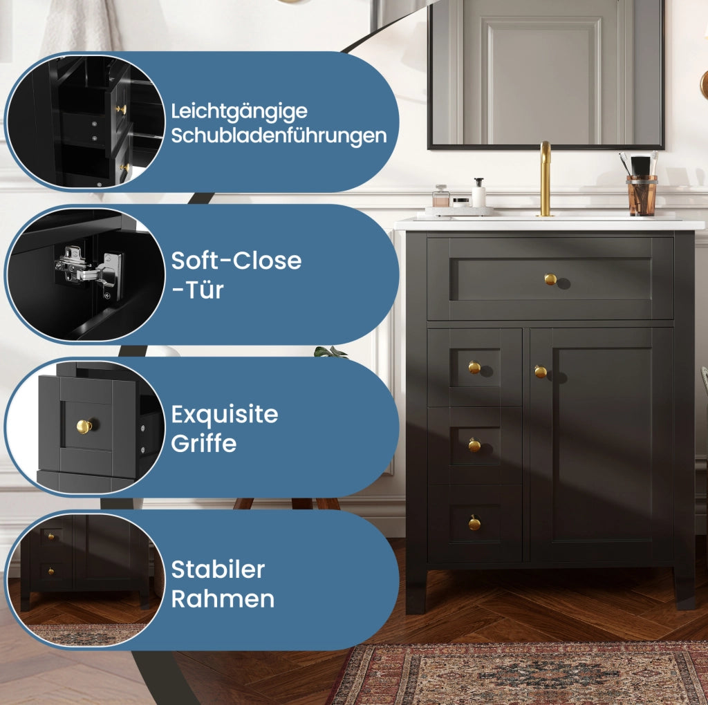 Mobile sottolavabo nero lucido da 61 cm con lavabo in ceramica