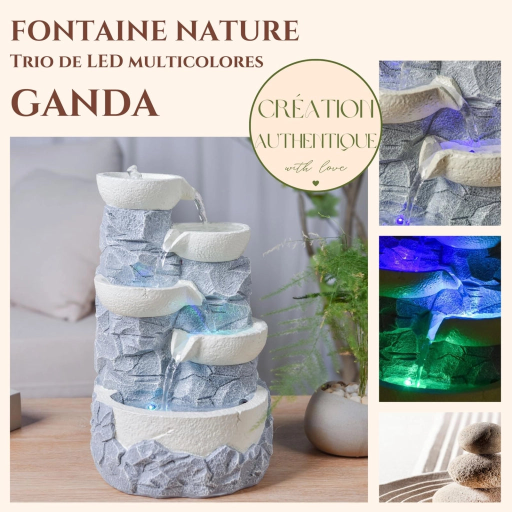 Fontana da tavolo a cascata, 4 livelli, vetro, pietra naturale, illuminazione LED, altezza 31 cm