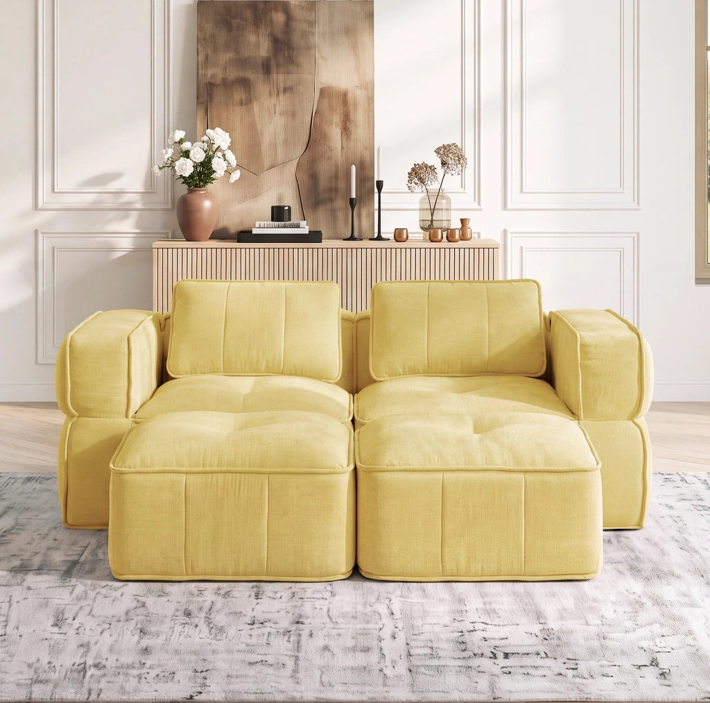 Divano modulare in poliestere giallo con pouf, 198 × 162 cm
