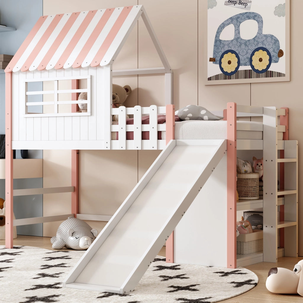 Letto a soppalco per bambini 90 × 200 cm con scivolo lungo scala di sicurezza ripiani in legno pino rosa