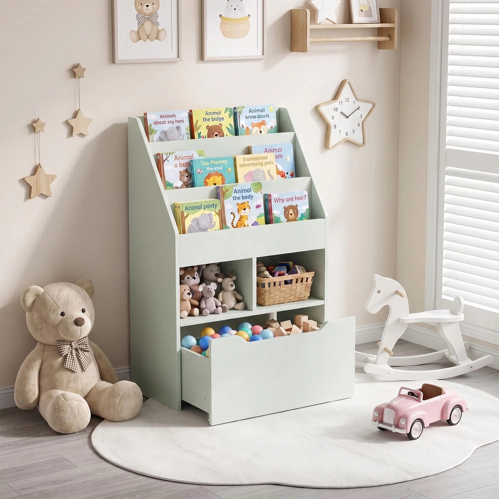 Libreria Scaffale Multiuso per Bambini in Legno Verde Chiaro con 3 Ripiani 2 Vani e Grande Cassetto Salvaspazio per Cameretta