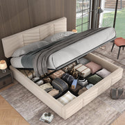 Letto matrimoniale contenitore 160 × 200 cm in velluto beige con testiera regolabile e sollevamento idraulico