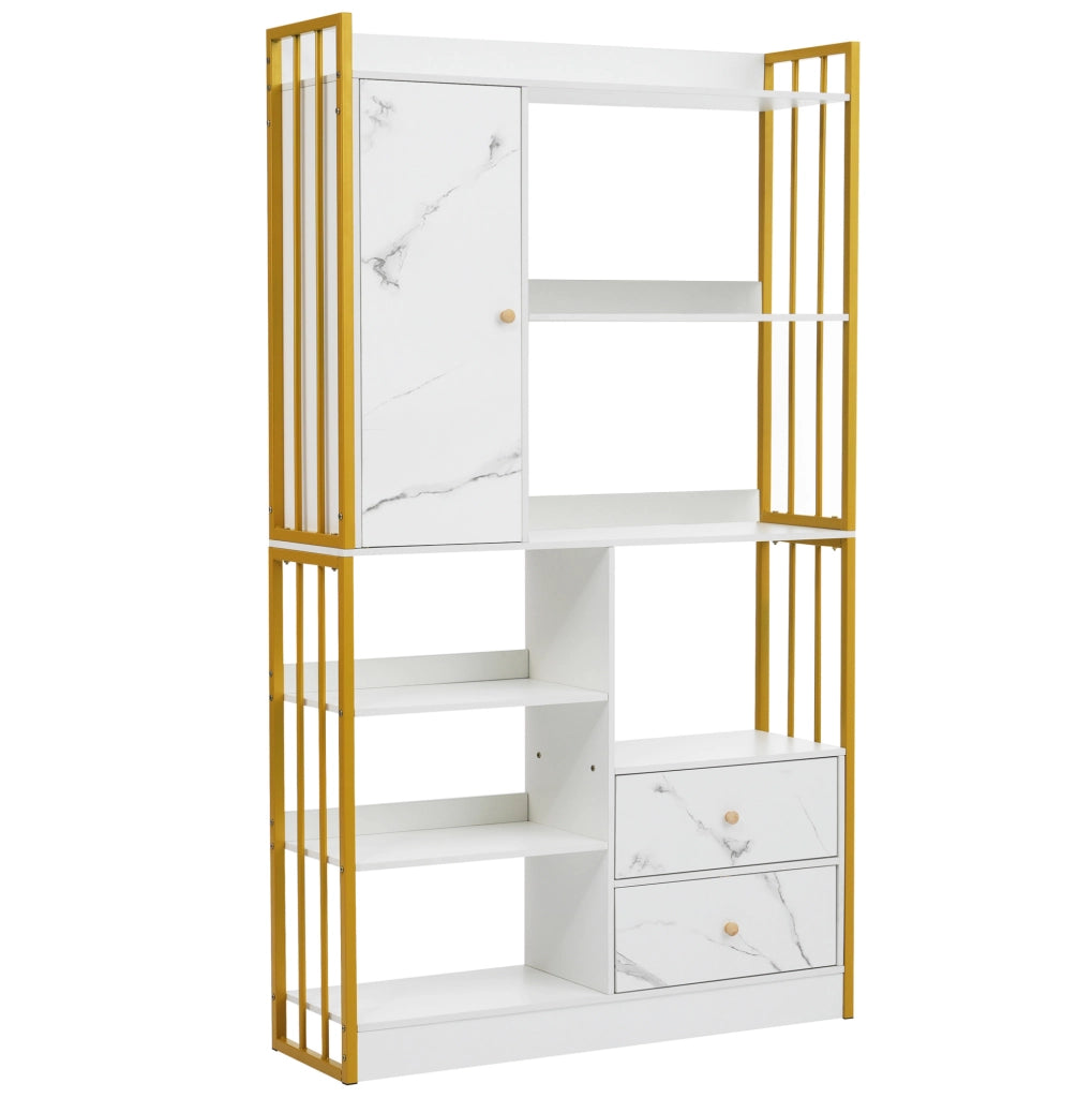 Libreria ULEVR con ripiani aperti, cassetti e vani chiusi, pannello truciolare bianco e oro effetto marmo