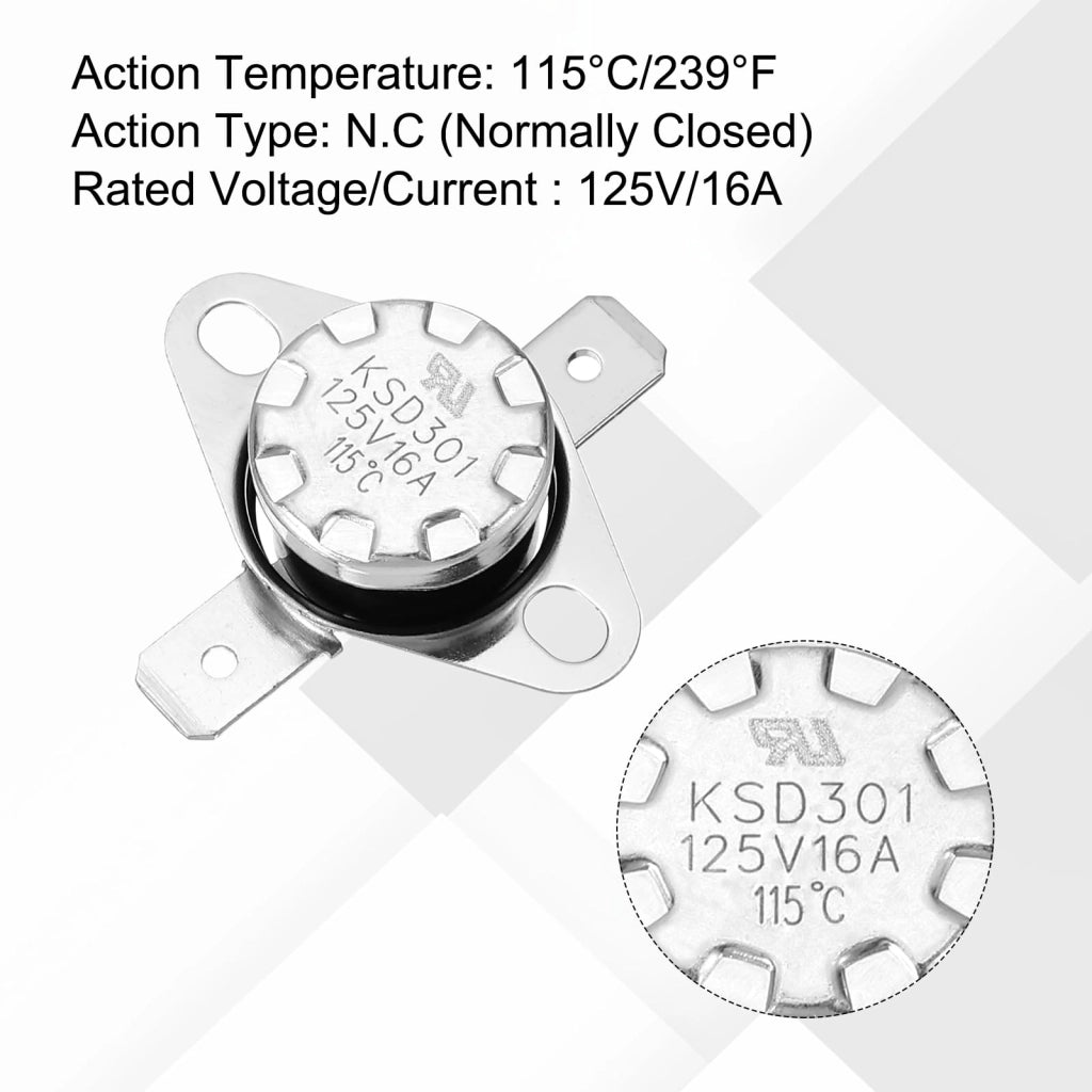2 termostati KSD301, 115 °C, 16 A, normalmente chiusi, in bakelite