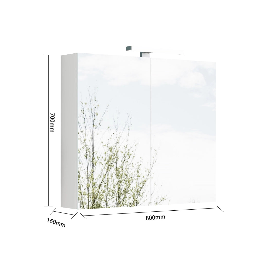 Mobiletto bagno a specchio bianco 80 cm con 2 ante, illuminazione LED e presa francese, mensole in vetro regolabili, cerniere ammortizzate, montaggio a parete
