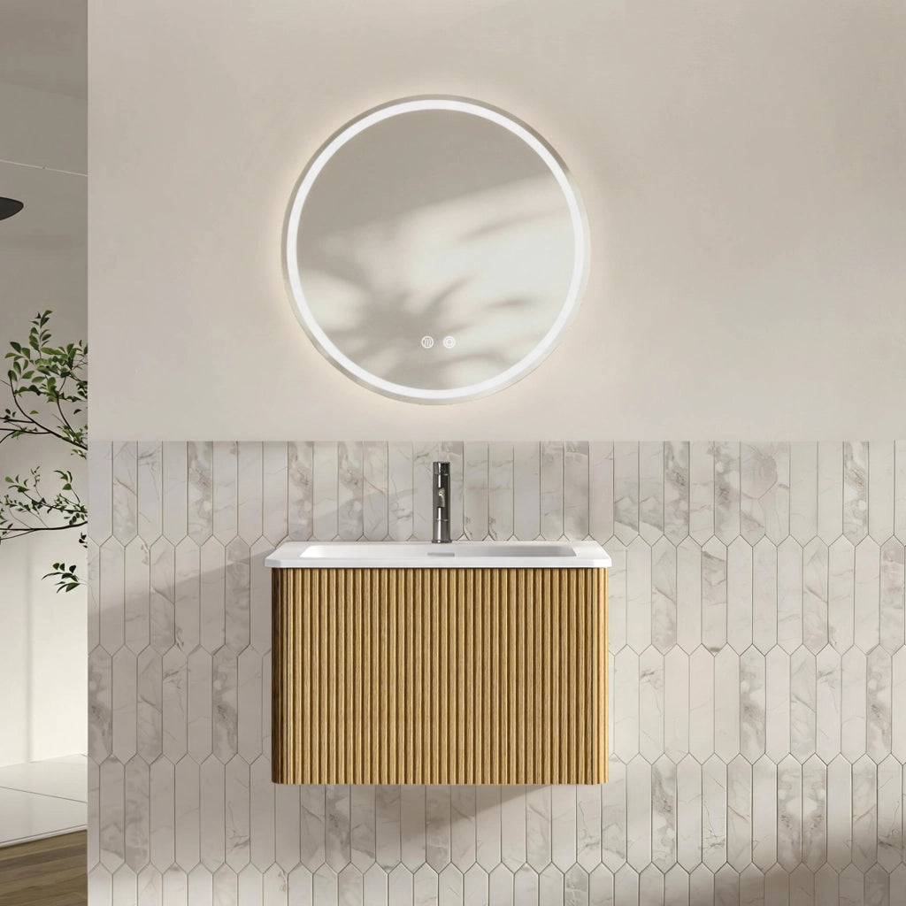 Mobile bagno sospeso 60 cm con lavabo integrato in materiale sintetico e specchio LED rotondo regolabile, finitura noce