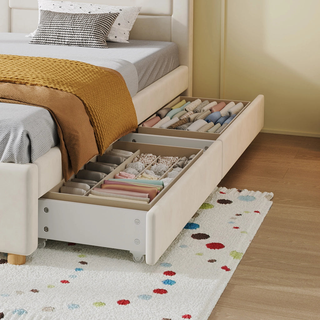 Letto imbottito per bambini 90 x 200 cm beige con 4 cassetti