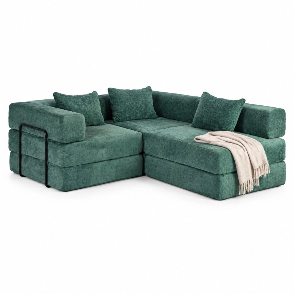 Divano letto pieghevole modulare in ciniglia verde scuro