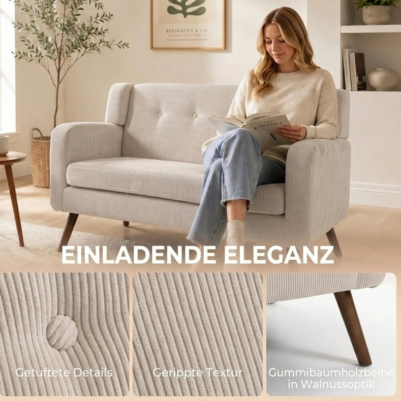 Divano a 2 posti beige da 118 cm con rivestimento a coste