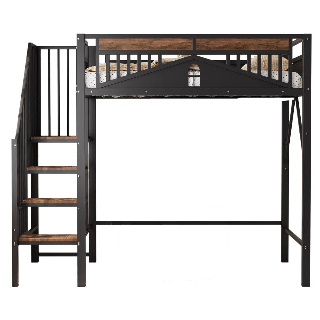 Letto a castello in metallo 90x200 cm con ringhiera di sicurezza e scaletta, nero