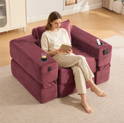 Divano letto pieghevole IVMEU 122 cm in velluto a coste rosso vino, con braccioli rimovibili e portabicchieri