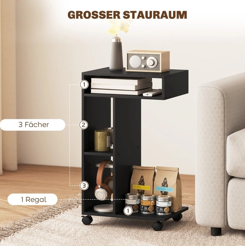 Carrello da servire a forma di C con 4 ruote e 3 ripiani, 40x30x69 cm, nero