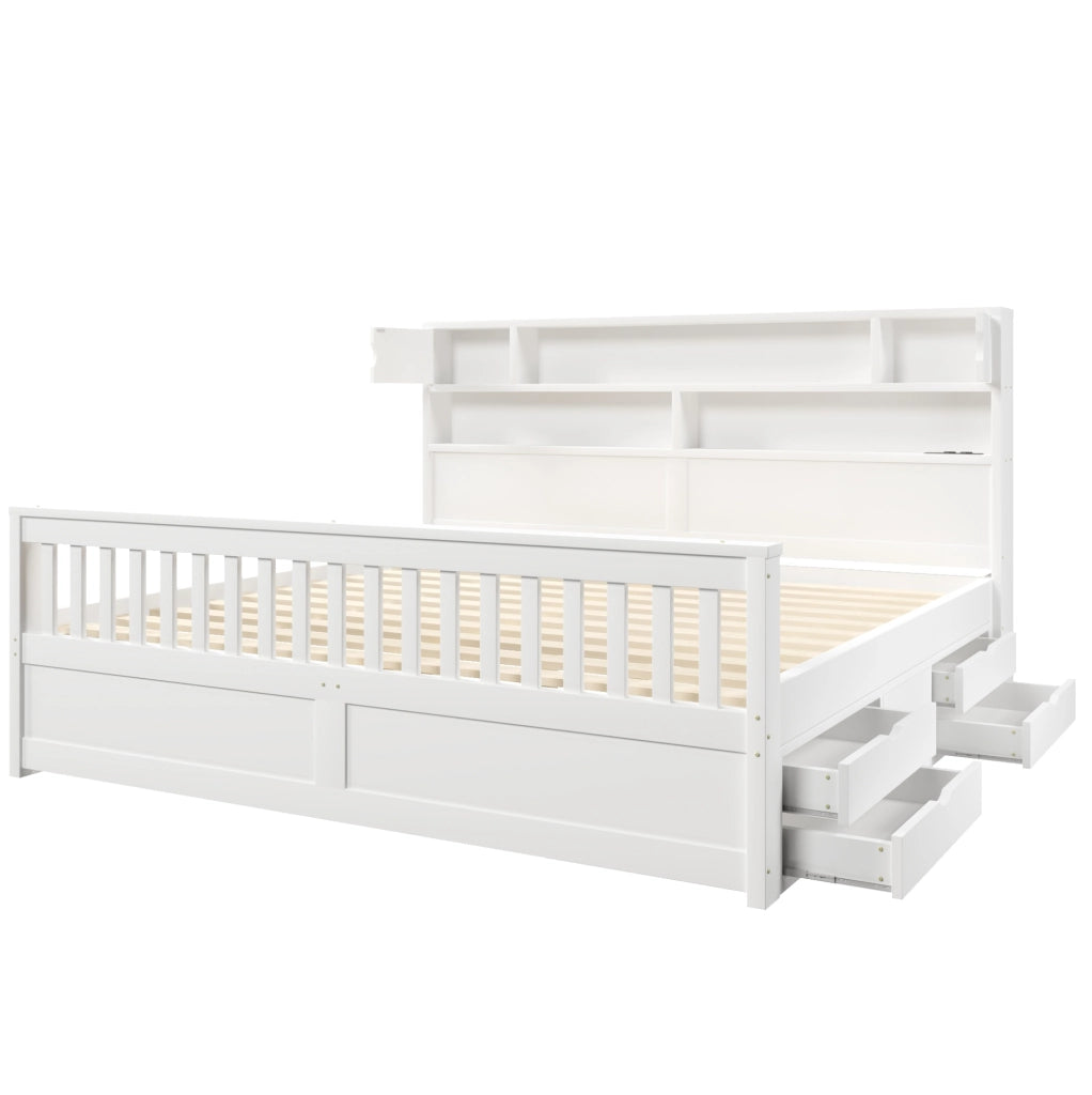 Letto matrimoniale 180x200 cm con testiera libreria LED e 4 cassetti in MDF e compensato; bianco