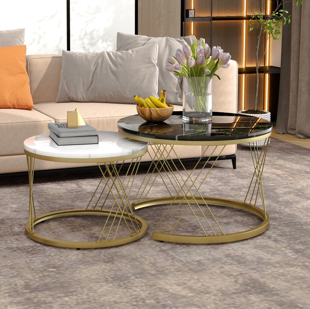 Tavolini da caffè rotondi impilabili 70x70x45 cm MDF nero e bianco, struttura dorata