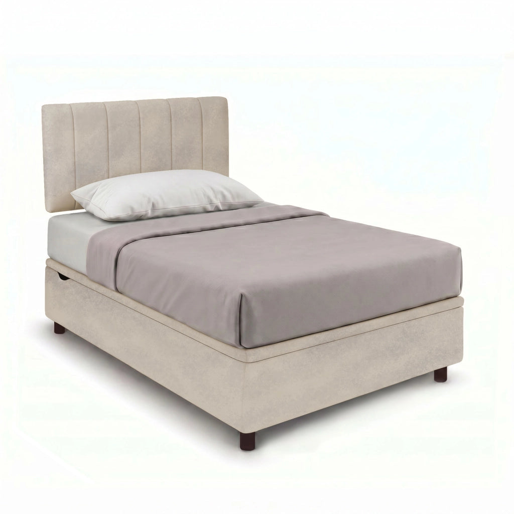 Letto Singolo Contenitore Imbottito 80x190 cm Microfibra Sabbia BoxMax Testata Vertical