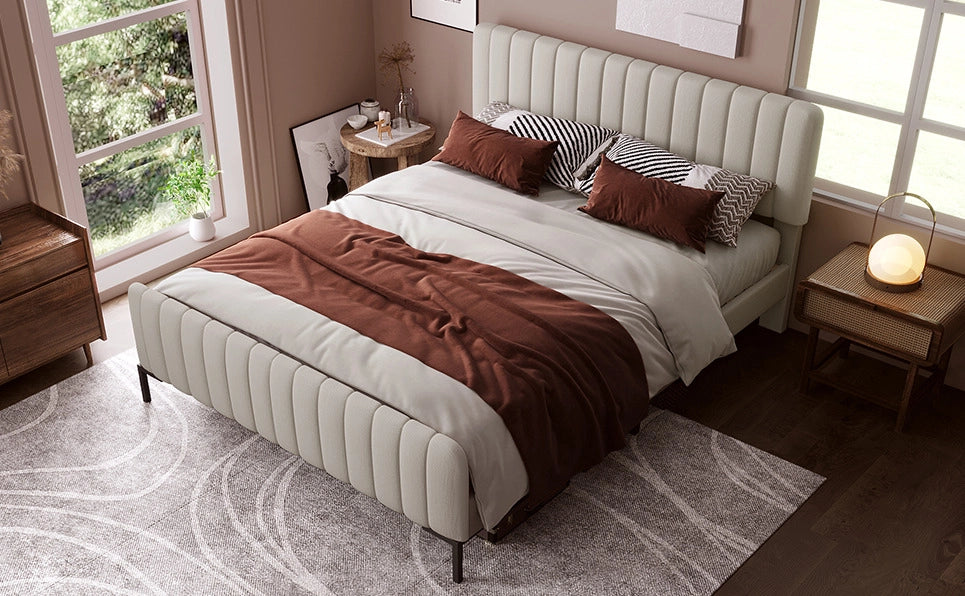 Letto matrimoniale imbottito 180x200 cm con rete a doghe e testiera regolabile in lino grigio-beige