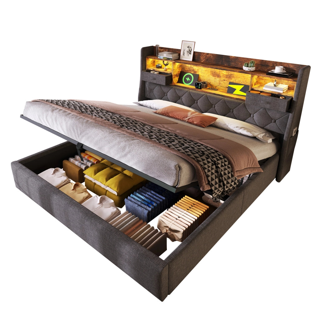 Letto contenitore adulti 160x200 cm con testiera imbottita, rete a doghe, LED e USB in tessuto grigio, materasso incluso