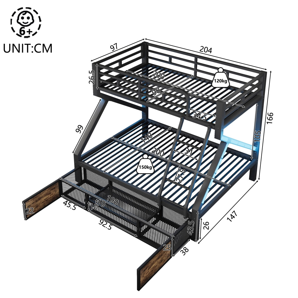 Letto a Castello 90x200/140x200 con Rangement Integrato; LED; Sponde di Sicurezza LEMONMAX Salvaspazio per Camera Bambini