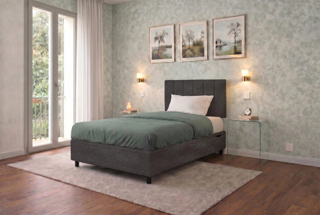 Letto Singolo Contenitore Imbottito 80x200 cm Microfibra Grigio BoxMax Testata Vertical