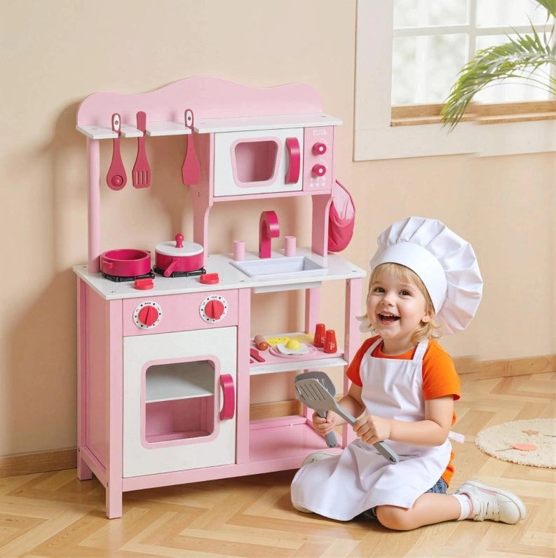 Cucina giocattolo per bambini rosa con accessori in legno ed effetti sonori