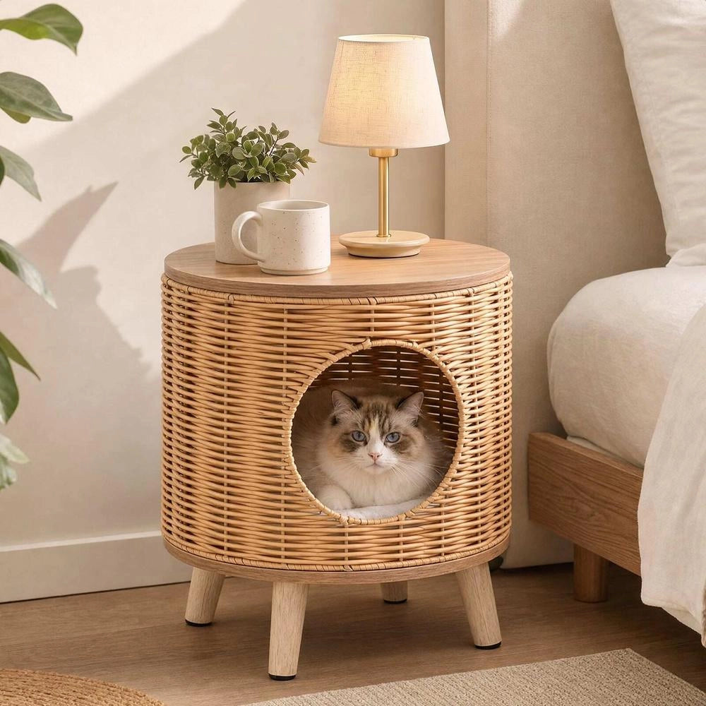 Casetta per gatti in rattan PE naturale con cuscino rimovibile, cuccia traspirante per casa, piedi in legno, facile da montare
