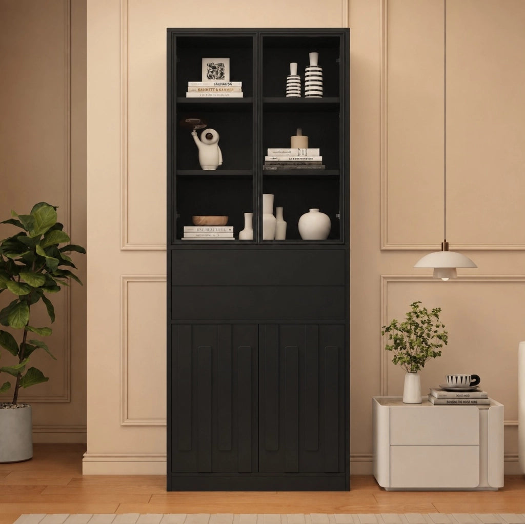 Vetrina alta 70x34x180 cm con LED Bluetooth; 2 cassetti e vetro temperato; nera