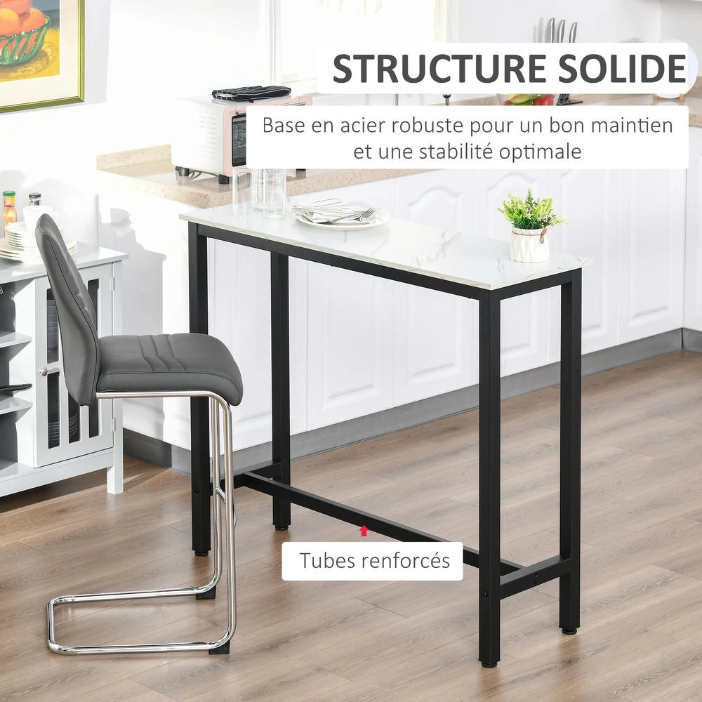 Tavolo da Bar Alto per Cucina e Soggiorno con Piano Effetto Marmo Bianco e Struttura in Acciaio Nero Design Moderno 120x40x100 cm