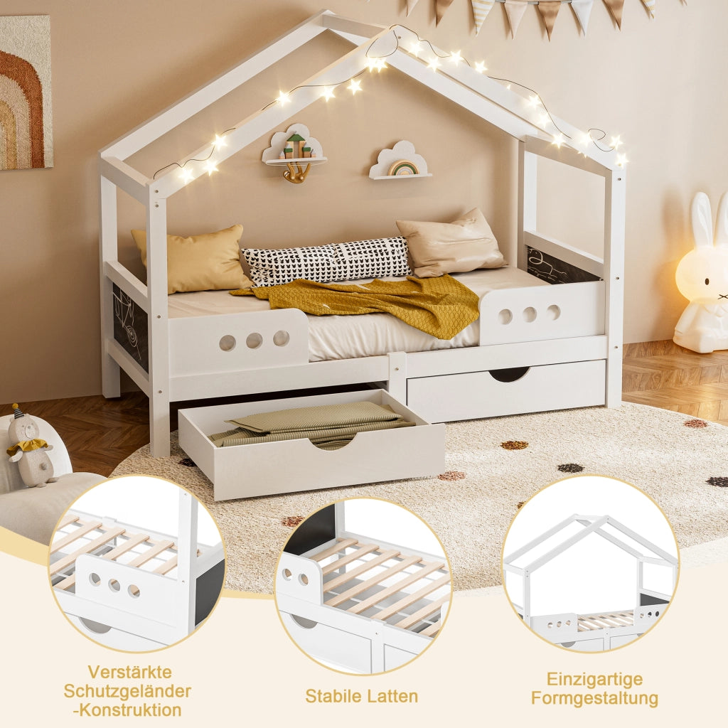 Letto per bambini con tetto 90 × 200 cm in legno e MDF bianco con due cassetti e lavagna integrata