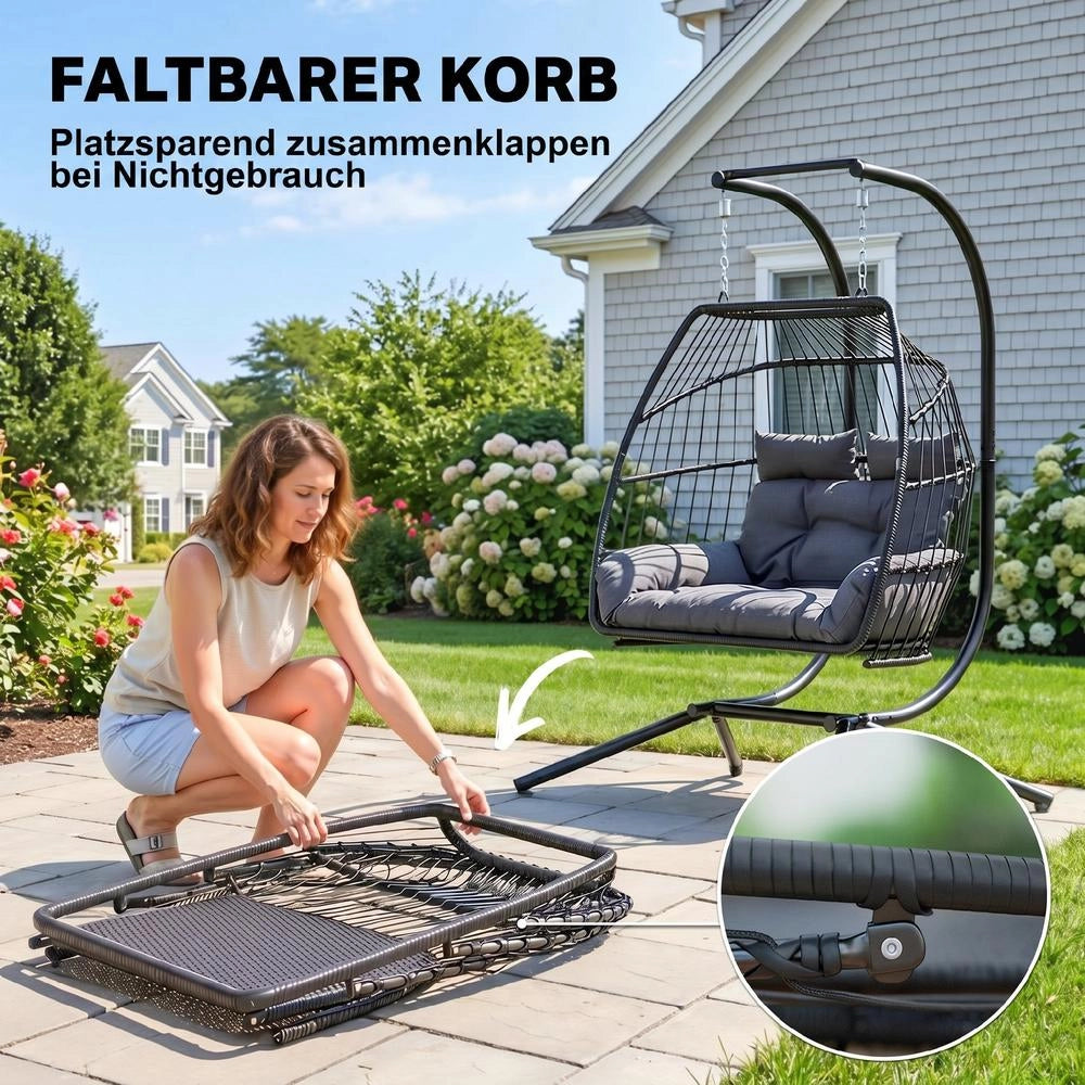 Poltrona Sospesa Pieghevole 2 Posti in Polyrattan e Acciaio con Cuscino, Grigio Scuro, Portata 260 kg, per Casa e Giardino