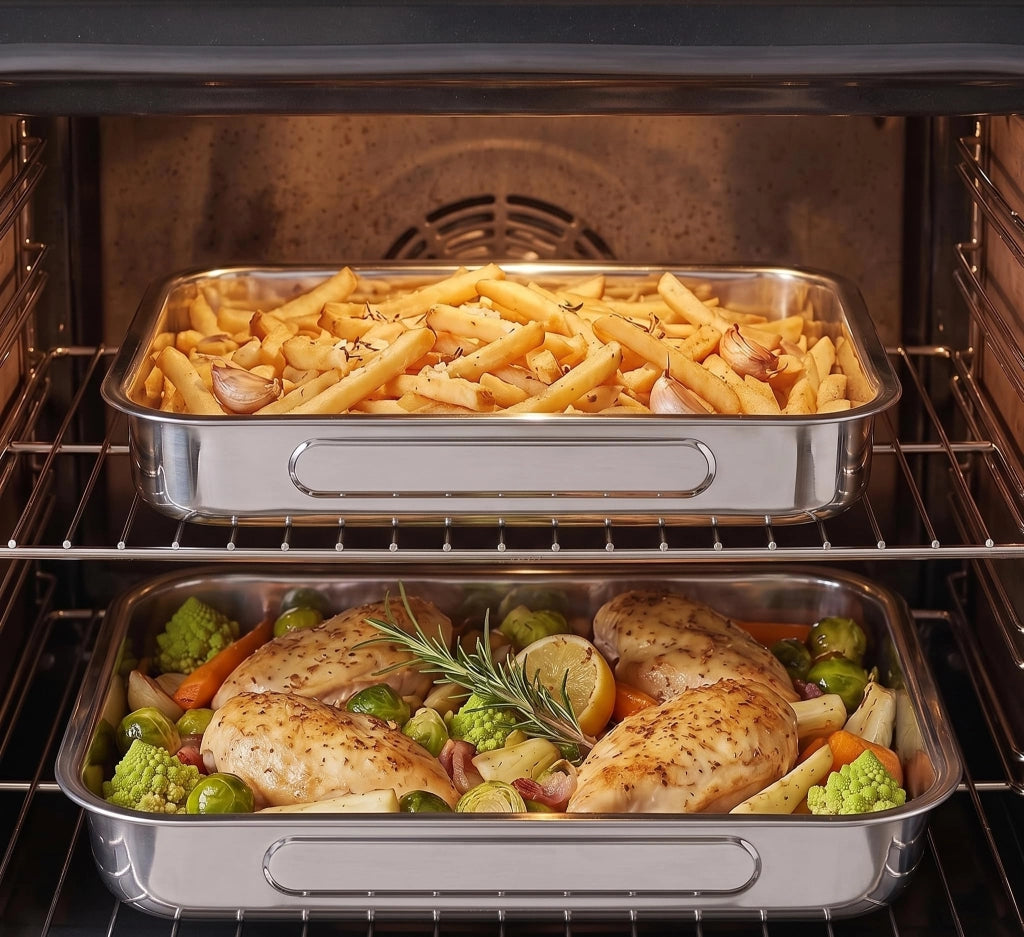 Set di teglie da forno in acciaio inossidabile, composto da 2 pezzi (30x20 cm + 40x30 cm), con maniglie pieghevoli
