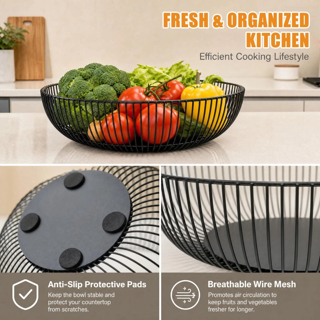 Cesto per frutta, set da 2, 28 cm, ciotola per frutta in metallo, nero, cesto rotondo in filo metallico per frutta, pane e verdura, ciotola decorativa moderna per cucina, tavola e soggiorno