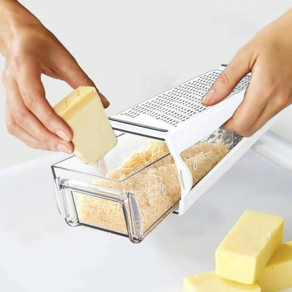 Grattugia per formaggio con contenitore, a doppia lama, in acciaio inossidabile, dimensioni 22x13,5x8,5 cm