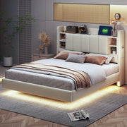 Letto matrimoniale imbottito 140 × 200 cm con USB e LED testiera contenitore in lino beige struttura in metallo