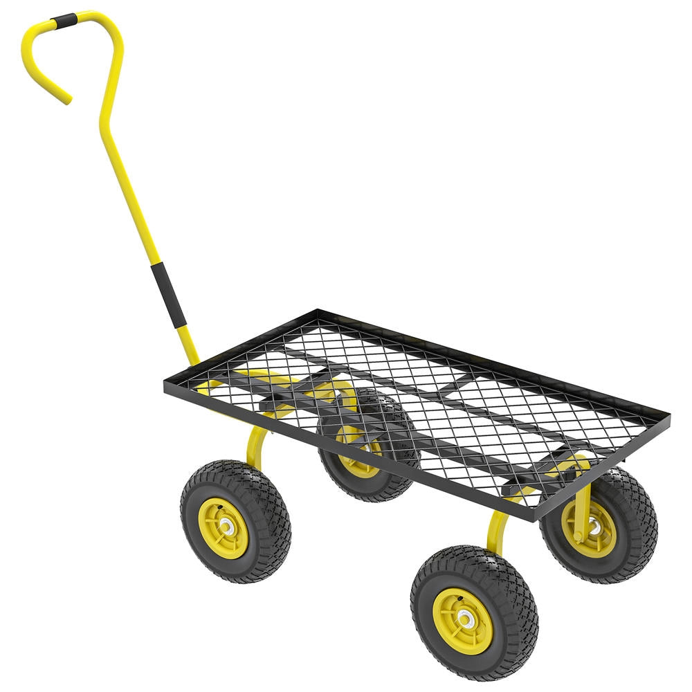 Carrello da Giardino in Acciaio 150 kg con Ruote in Gomma e Maniglia Rivestita per Trasporto e Fai da Te, 94x48.5x100 cm, Giallo e Nero