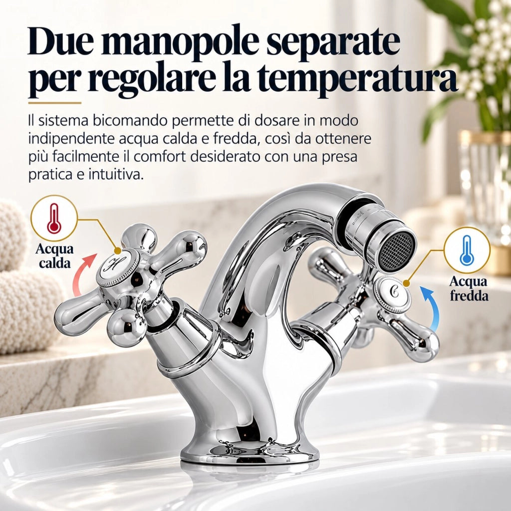 Rubinetto Bidet Bicomando Retrò Ottone Cromato con Piletta Click Clack 52345A