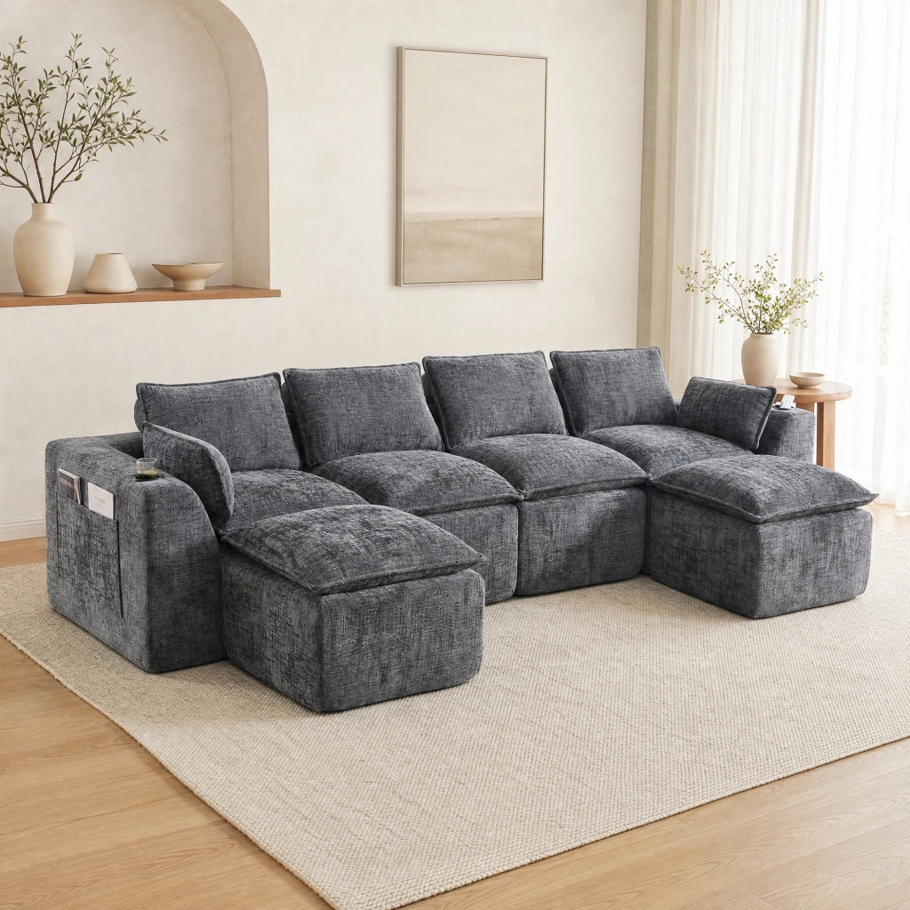 Divano modulare in ciniglia grigio scuro con pouf e cuscini