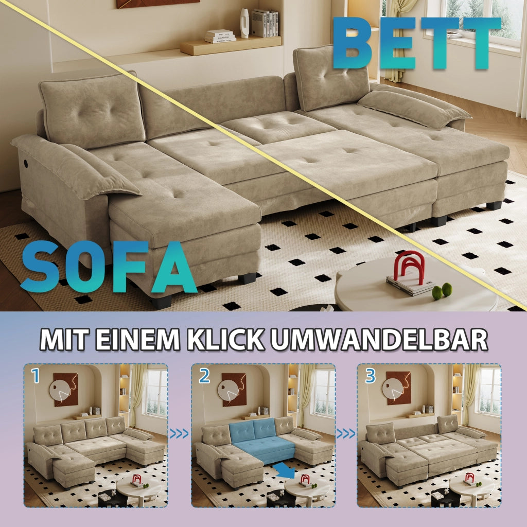 Divano letto panoramico a U modulare in chenille color cammello con letto estraibile; USB e 4 cuscini schienale