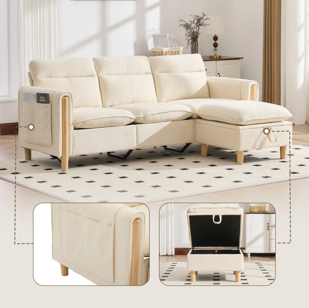Divano a 3 posti in ciniglia beige con pouf contenitore