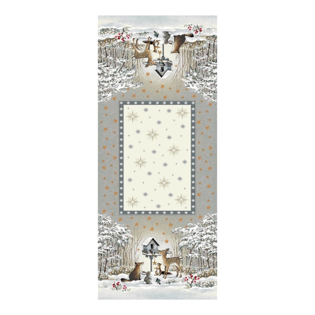 Tovaglia natalizia decorativa 135 x 45 cm, fantasia invernale in tessuto arazzo, Made in Italy