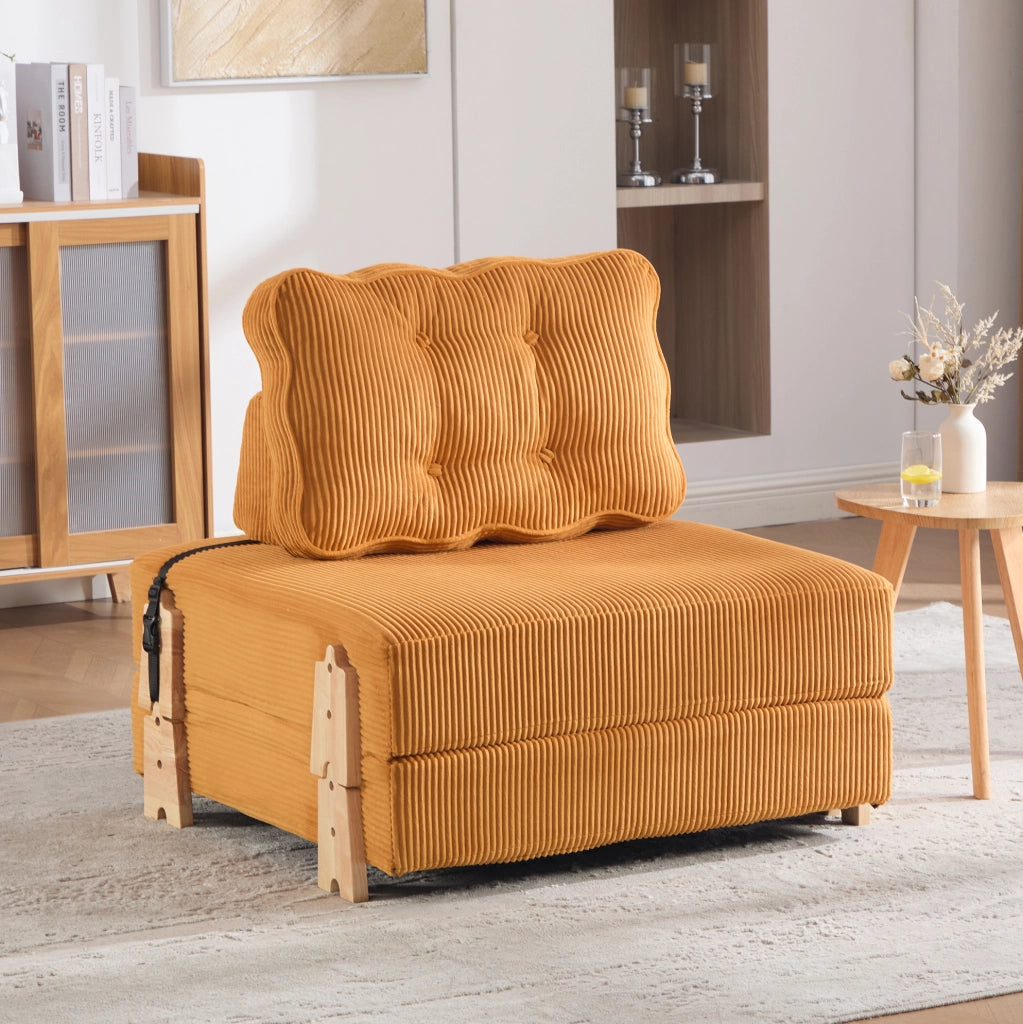 Poltrona letto pieghevole in velluto a coste arancione con struttura in legno