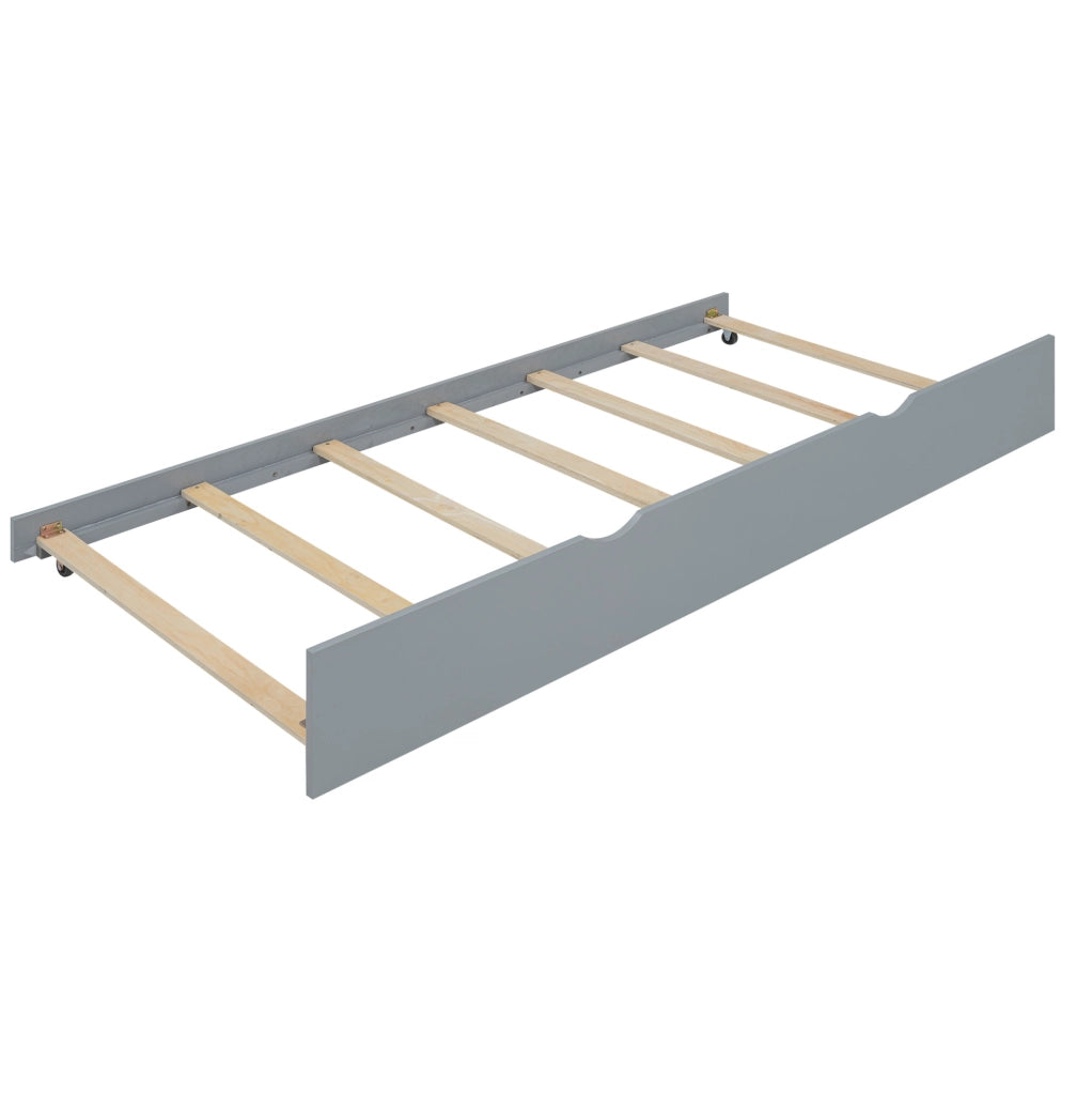 Letto singolo 90x200 cm in pino e MDF con letto estraibile, scrivania integrata e tre scaffali laterali grigio