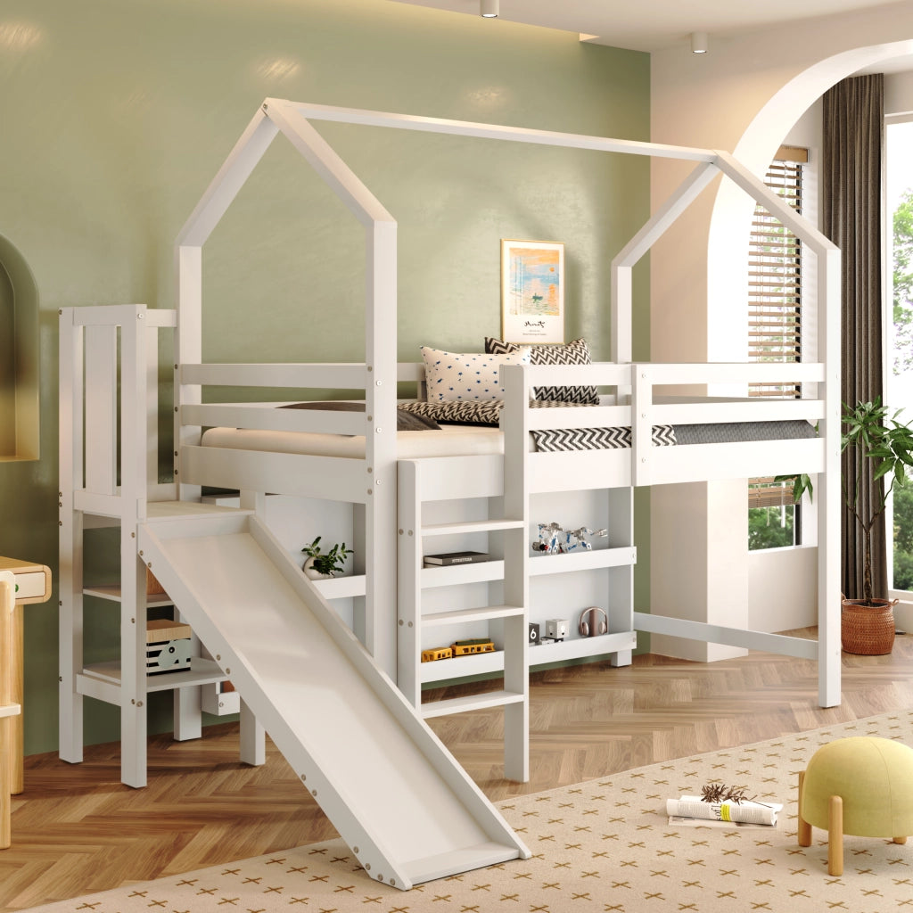 Letto singolo per bambini 90 × 200 cm con rete a doghe scivolo scale contenitori e ripiani in legno bianco