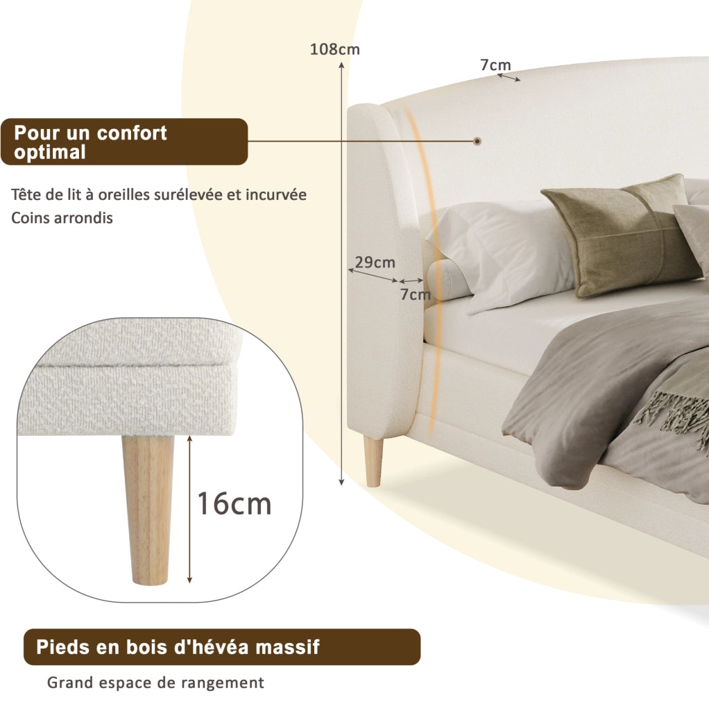 Letto matrimoniale 140×190 cm in tessuto bouclé con testiera a orecchie e sommier a doghe, piedi in legno di hevea, bianco avorio