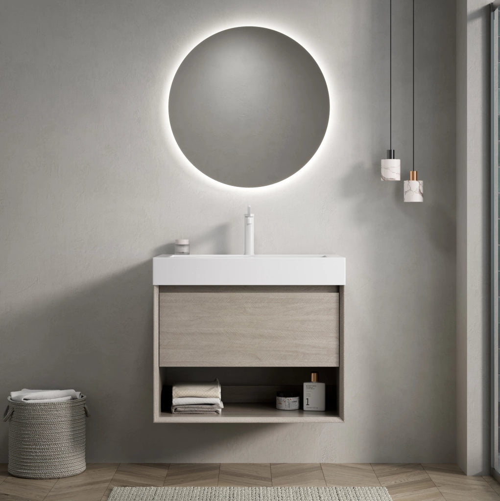 Mobile bagno sospeso IVMEU 70 cm con lavabo integrato in resina, cassetto e ripiano aperto, rovere chiaro e bianco